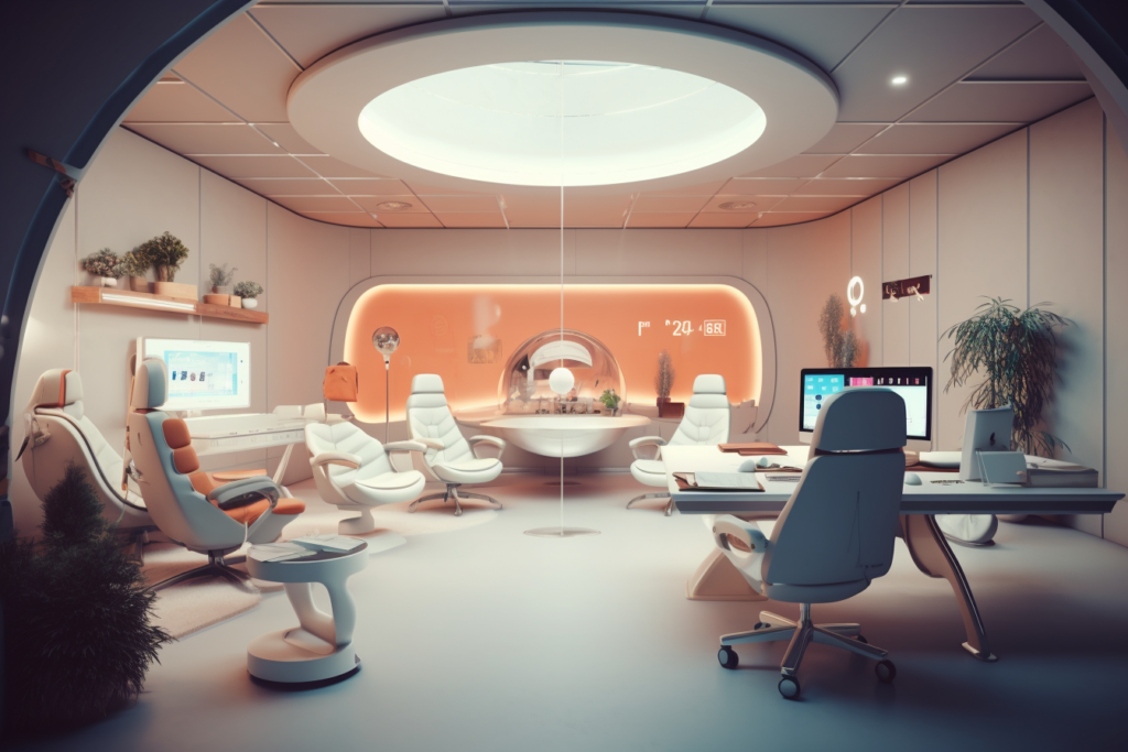 Büro der Zukunft, generiert durch künstliche Intelligenz (KI)